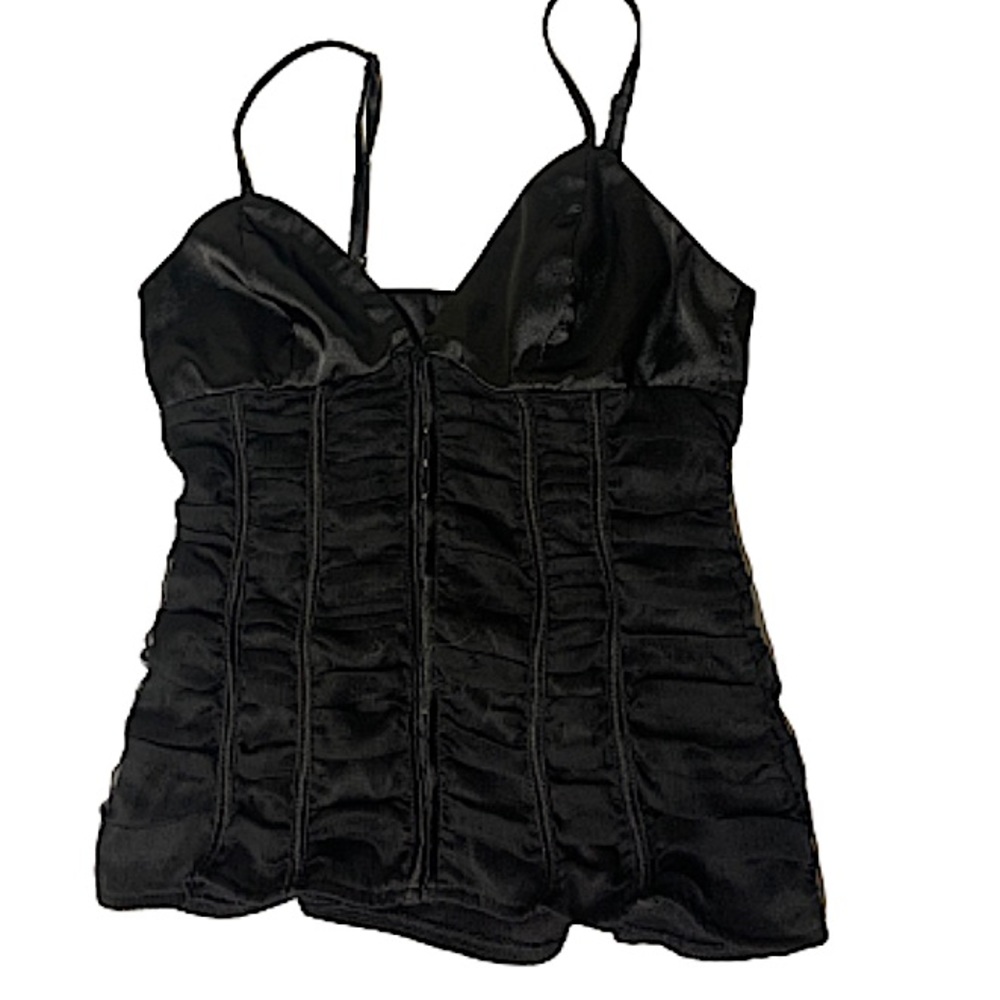 Y2k silk and mesh ruched top with hook and eye front closure